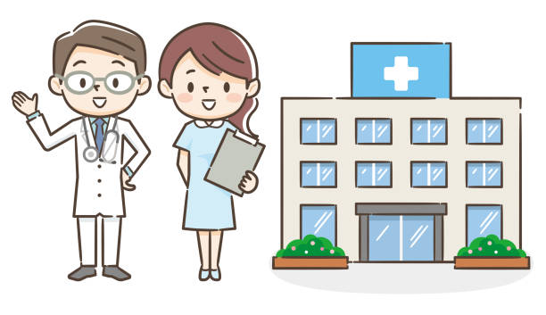 Illustration of a hospital with a male doctor and a nurse Illustration of a hospital with a male doctor and a nurse hospital cartoon stock illustrations
