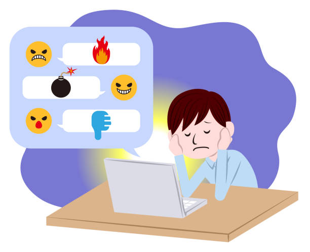 Illustration of a man hurt by cyberbullying and flaming Internet literacy cartoon man with complaint with speech bubble stock illustrations
