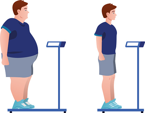 Illustration of a man weighing himself, previously overweight and then at ideal weight, showing weight loss. Extreme obese young man vector.Two photo comparison concept.