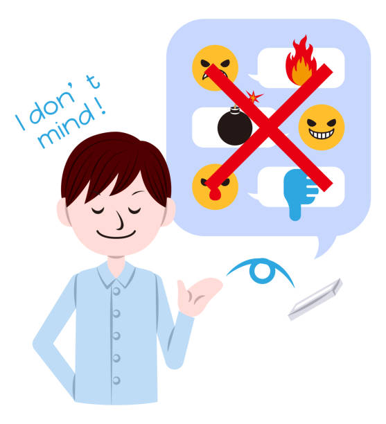 Illustration of a man who don't mind cyberbullying and flaming Internet literacy cartoon man with complaint with speech bubble stock illustrations