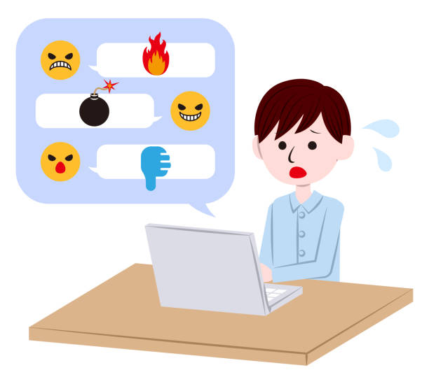 Illustration of a man who is confused by cyberbullying and flaming Internet literacy cartoon man with complaint with speech bubble stock illustrations