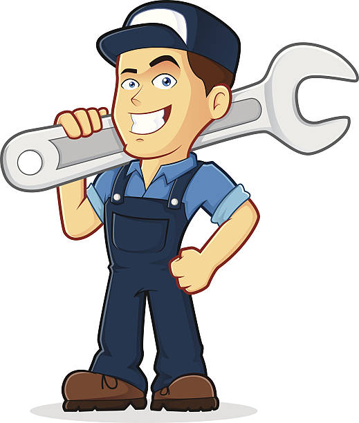 Illustration of a mechanic professional Vector clipart picture of a male mechanic cartoon character holding a huge wrench mechanic clipart stock illustrations