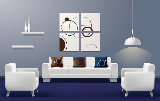 Illustration of a modern living room with a white couch