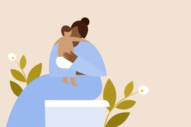 Illustration of a mother holding an infant in her hand  african american mothers day stock illustrations