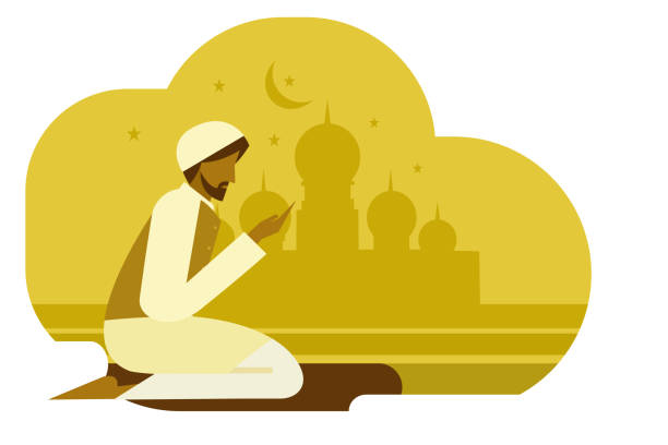 illustrazioni stock, clip art, cartoni animati e icone di tendenza di illustrazione di un religioso musulmano che prega. - salah