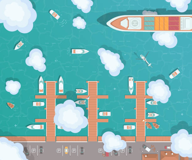 ilustrações de stock, clip art, desenhos animados e ícones de illustration of a pier in flat style. top view of the harbor. - aerial container ship