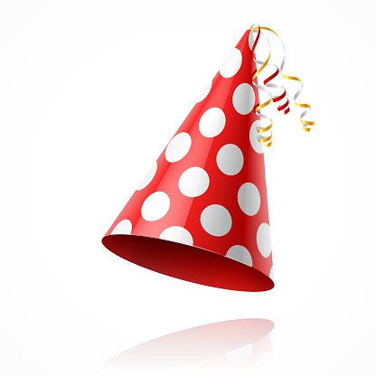 Illustration of a red party hat with white polka dots