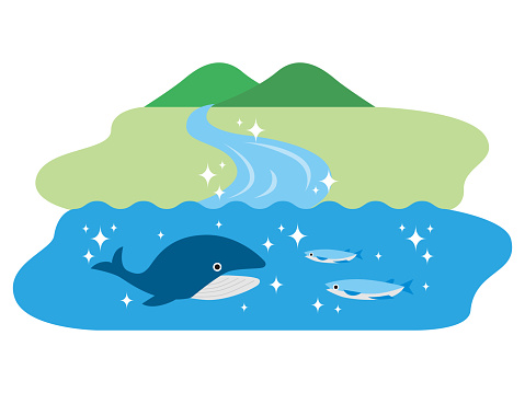 山から海に流れるきれいな水と、きれいな海のクジラや魚が流れる川のイラスト。 - イラスト素材...