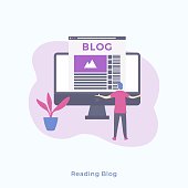Illustration of a Simple Man Standing Backwards and Looking at Monitor with Blog. Vector Male Character Blogging, Reading Blog Concept for Web Banners