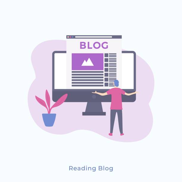 Illustration of a Simple Man Standing Backwards and Looking at Monitor with Blog. Illustration of a Simple Man Standing Backwards and Looking at Monitor with Blog. Vector Male Character Blogging, Reading Blog Concept for Web Banners blogging stock illustrations
