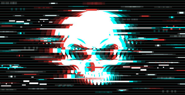 Illustration of a skull in glitch art style Design element for web pages, print assets, advertising, branding, shares, promotion. Distorted skull illustration over the glitch art background. Vector illustration. computer crime stock illustrations