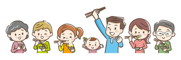illustration einer lächelnden familie, die essen isst - oma kocht stock-grafiken, -clipart, -cartoons und -symbole