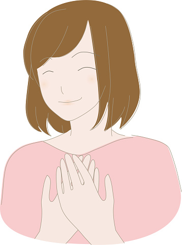Illustration of a smiling woman with her hands clasped to her chest and at ease