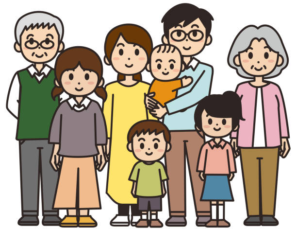 Illustration of a three-generation family with a baby. Vector illustration on white background. cartoon of the family reunions stock illustrations