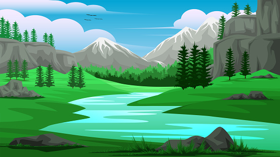 Illustration of a view of stream mountains sky and Pine forest  It was a day when the sky was clear the atmosphere was bright
