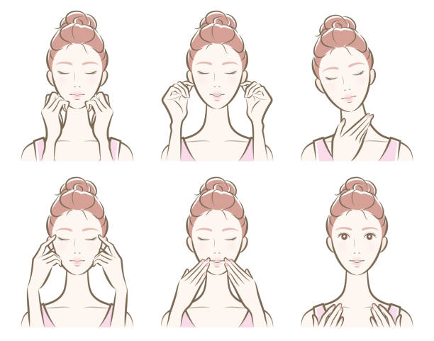 illustrations, cliparts, dessins animés et icônes de illustration d’une femme faisant des soins de peau - massage visage