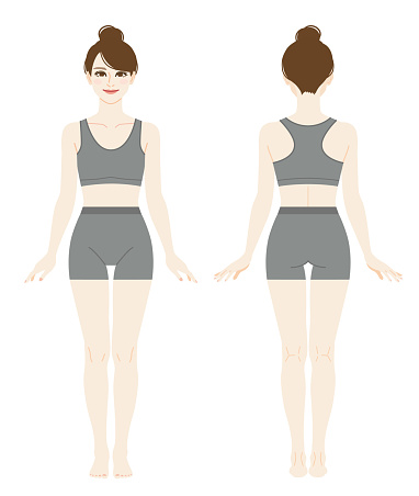 Illustration of a woman wearing a sports-bra and shorts.