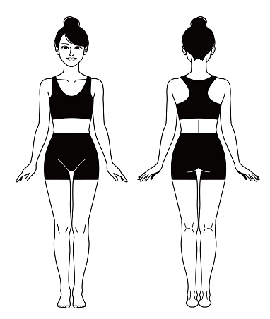 Illustration of a woman wearing a sports-bra and shorts.