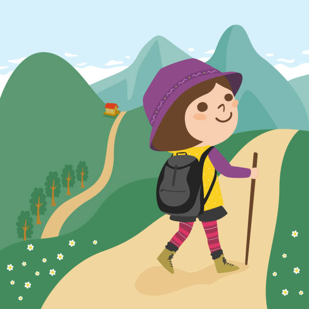 illustrations, cliparts, dessins animés et icônes de illustration d’une jeune femme prenant une promenade sur un sentier de randonnée de montagne. - marcher foret