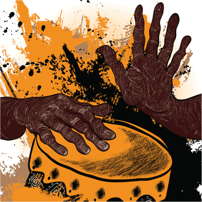 Illustration of African drummer's hands playing yellow drum