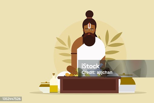 istock Illustration of an ancient Ayurveda parcticioner with herbal ingredients 1352447526
