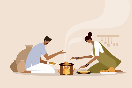 Illustration of an Indian family making and eating 'Roti' in the traditional way