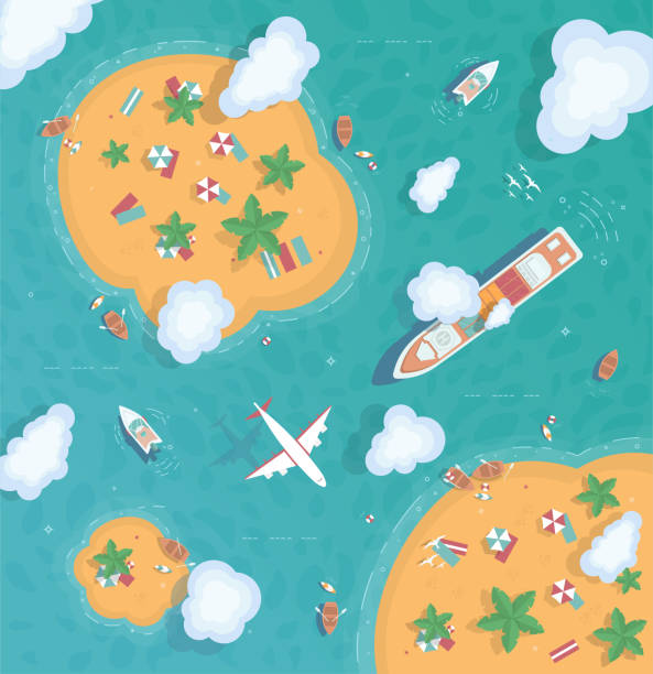 ilustrações de stock, clip art, desenhos animados e ícones de illustration of an island in the middle of the ocean. - aerial boat
