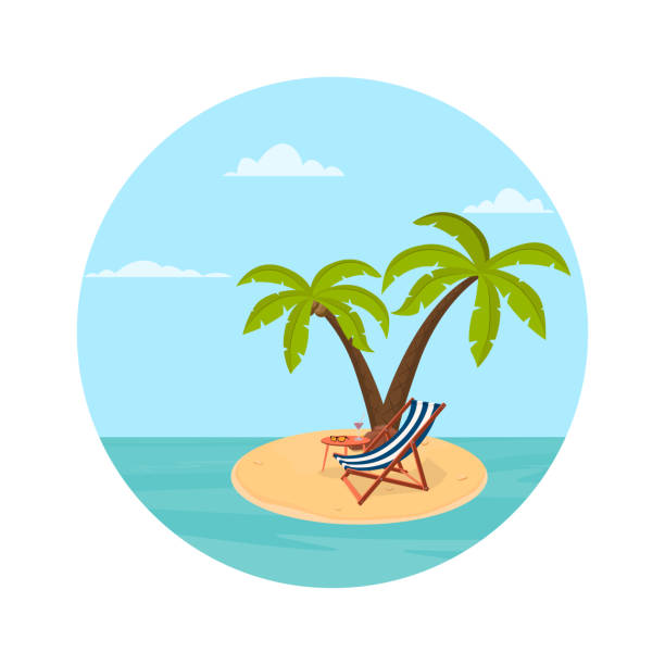 Illustration of an island on it palm trees a deck chair and a cocktail. Illustration of an island on it palm trees a deck chair and a cocktail. Vector illustration. desert area clipart stock illustrations