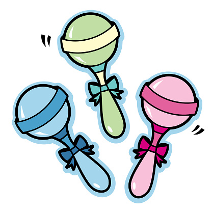 Illustration of baby rattles in blue green pink and yellow