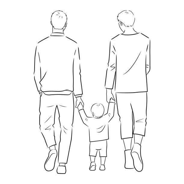 illustration of back view of the family(same sex couple) on a walk (white background, vector, cut out, line art) - 同性情侶 幅插畫檔、美工圖案、卡通及圖標