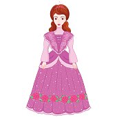 Illustration of beautiful brunette princess in ancient dress 19 century, cute lady noblewoman, vector