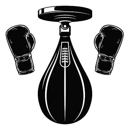 Illustration of boxing punching bag and bong gloves in vintage monochrome style. Design element for label, sign, emblem, poster. Vector illustration