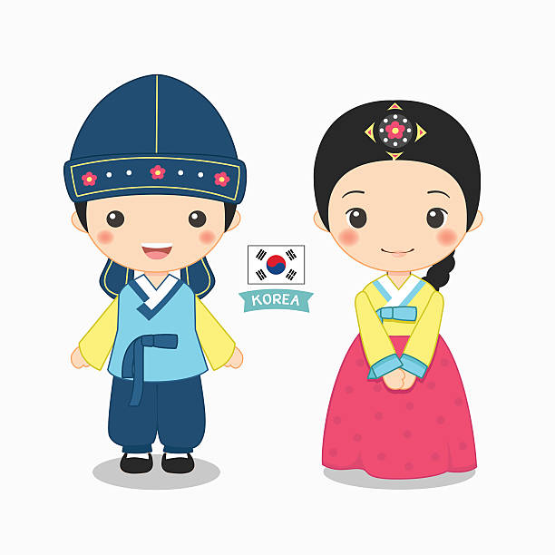 illustration of boy and girl in korean costume korea traditional costume child korea little girls korean ethnicity stock illustrations
