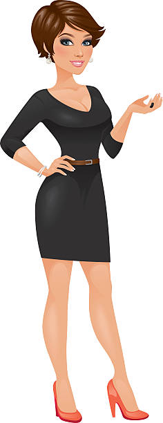 Illustration of brunette with short hair in black dress A beautiful woman with a spunky and feminine short haircut. The reflections in her eyes are transparencies.  heyheydesigns stock illustrations