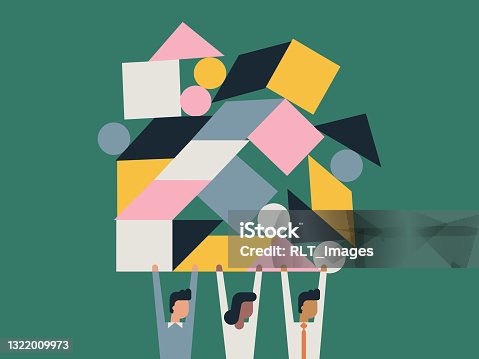 istock Illustration of business team lifting balanced shape blocks 1322009973