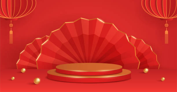 3D illustration of Chinese New Year red and golden theme podium scene with paper graphic style of oriental festive elements on background for product display. Wide copy space for design."n"n vector art illustration