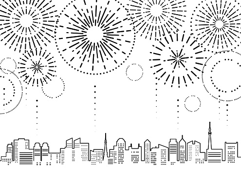 Illustration of cityscape with fireworks (monochrome line art)