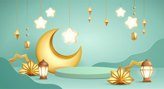 3D illustration of classic teal Muslim Islamic festival theme product display background with crescent moon and Islamic decorations.