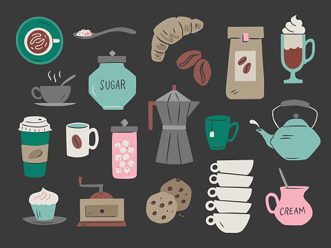 Illustration of coffee shop products and equipment — hand-drawn vector elements