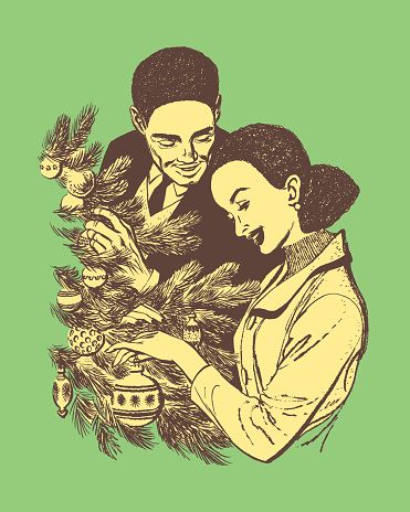 Illustration of couple decorating Christmas tree
