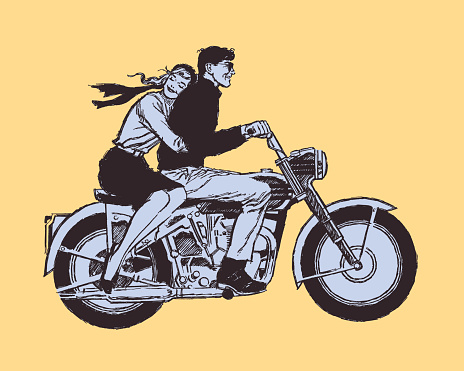 Illustration of couple riding motorcycle