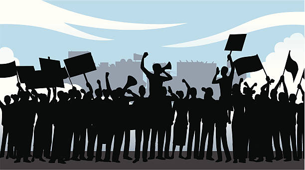 Illustration of crowd of people holding a demonstration Illustration of a demonstration where demonstrators are waving flags & saying their demands out loud. voting silhouettes stock illustrations