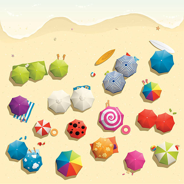 illustrazioni stock, clip art, cartoni animati e icone di tendenza di illustrazione di affollata spiaggia in estate - ombrellone