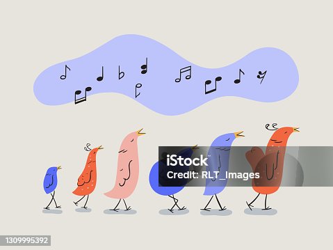 istock Illustration of cute cartoon birds singing 1309995392