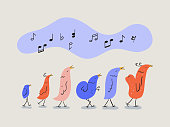 Illustration of cute cartoon birds singing