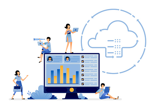 illustration of database and cloud communication technology to virtual devices to process data and input. Vector design for landing page, web, website, mobile apps, poster, flyer, ui ux