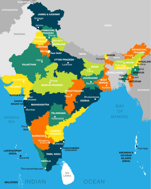 stockillustraties, clipart, cartoons en iconen met illustratie van gedetailleerde kaart van de vector van india, azië met alle staten en landgrens - india