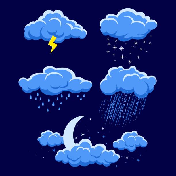 illustration of different weather Set of cartoon clouds on dark blue night sky. illustration of different weather. rain, storm, lightning, snow, moon light sky with stars. Clouds vector collection. Cloudscape in dark blue sky, night clouds illustration storm cloud stock illustrations