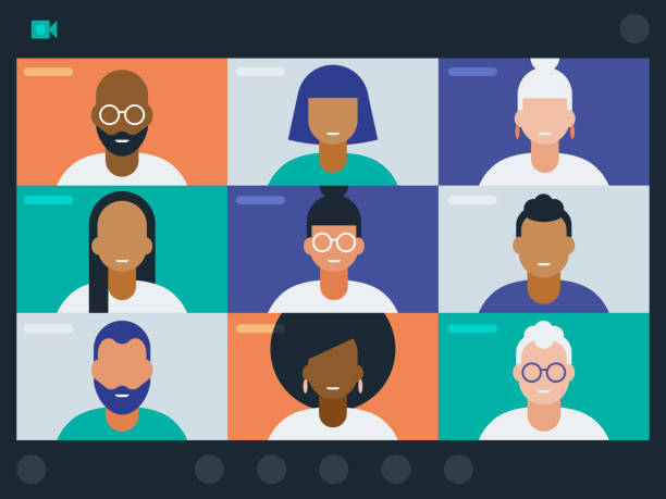 Illustration of diverse group of friends or colleagues in a video conference Modern flat vector illustration appropriate for a variety of uses including articles and blog posts. Vector artwork is easy to colorize, manipulate, and scales to any size. video call stock illustrations