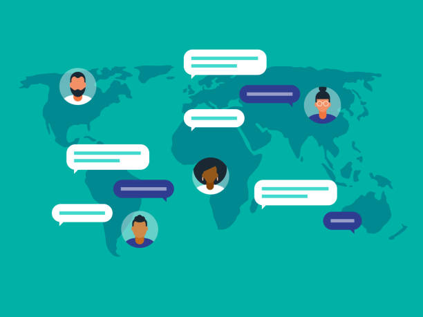 Illustration of diverse peers communicating on world map Modern flat vector illustration appropriate for a variety of uses including articles and blog posts. Vector artwork is easy to colorize, manipulate, and scales to any size. avatar borders stock illustrations